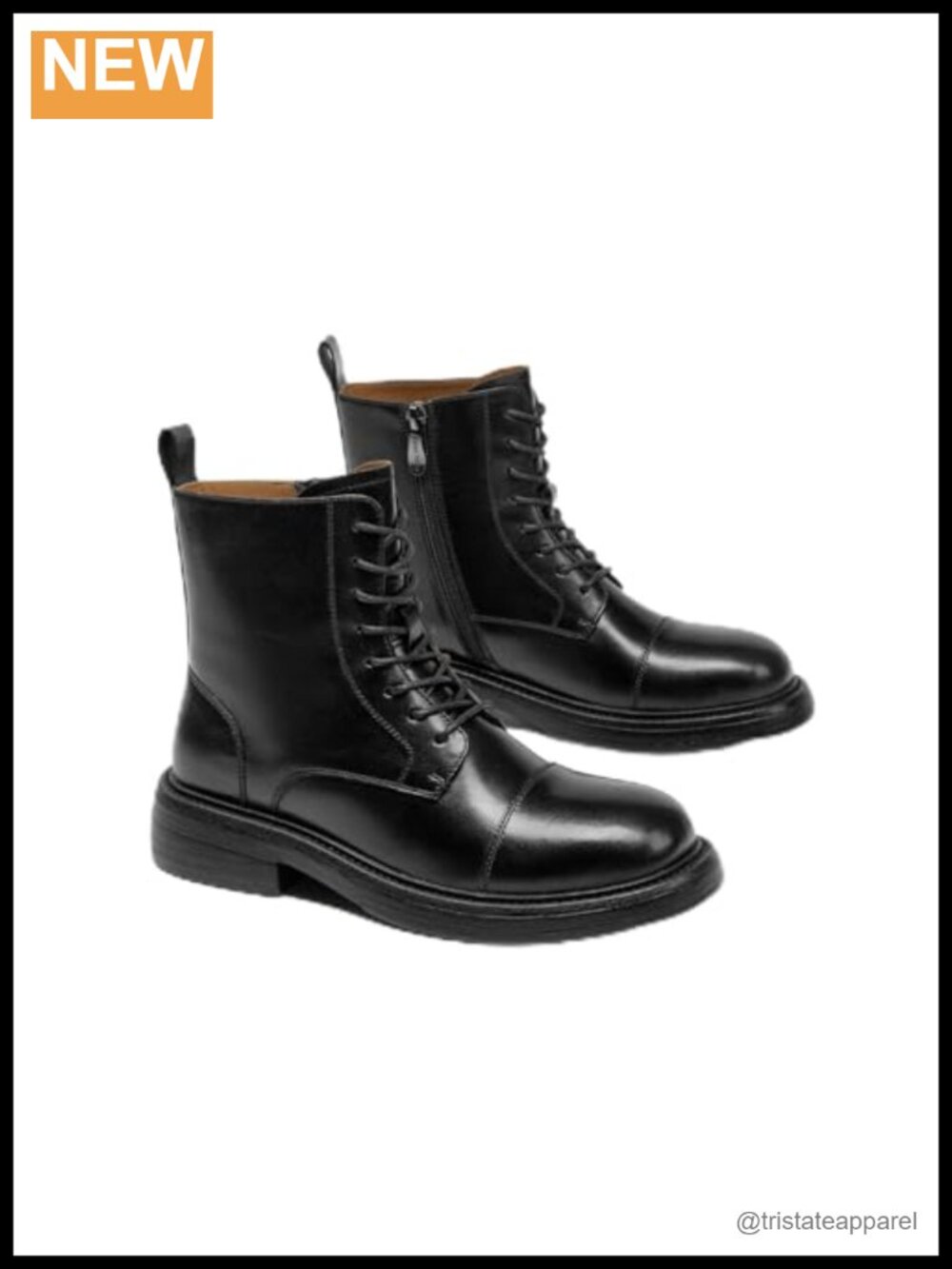 Women's Leather Combat Ankle Boots Chunky Lace Up Side Zip Cap Toe Low Heel